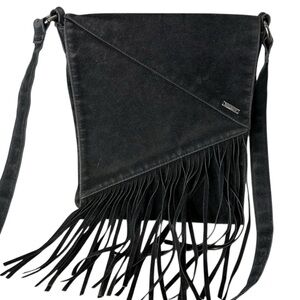 PRANA Black Suede Crossbody Bag Fringe Tassels Boho Western *FLAW
